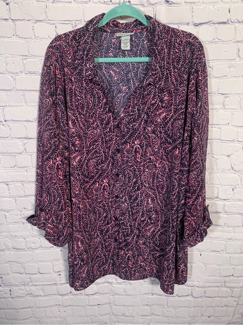 Catherines Womens Long Sleeve Button Down Pink Blue Print Size 5X Casual Fairy